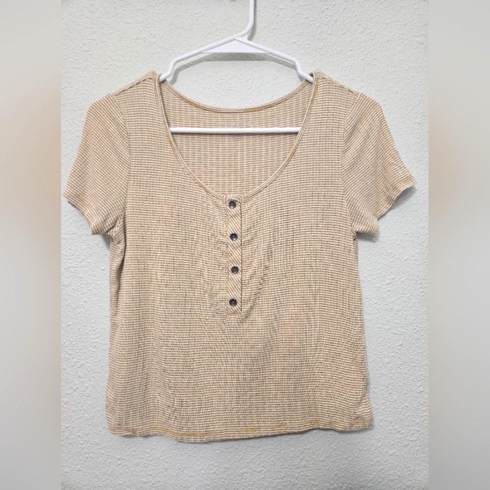 American Eagle Butter Yellow Cream Striped Henley Crop Top Small